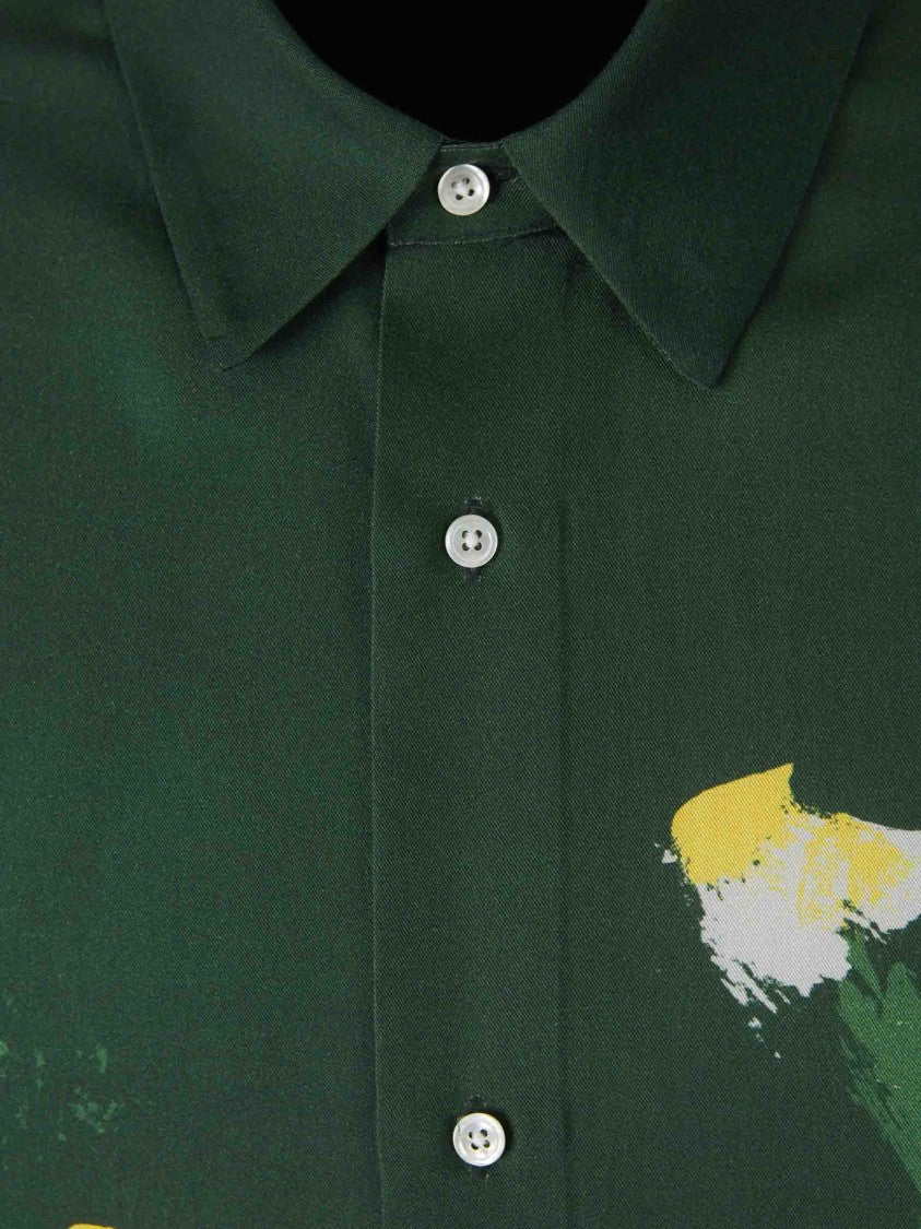 Officine Generale Short-Sleeved Satin Shirt With Watercolor Floral Motif