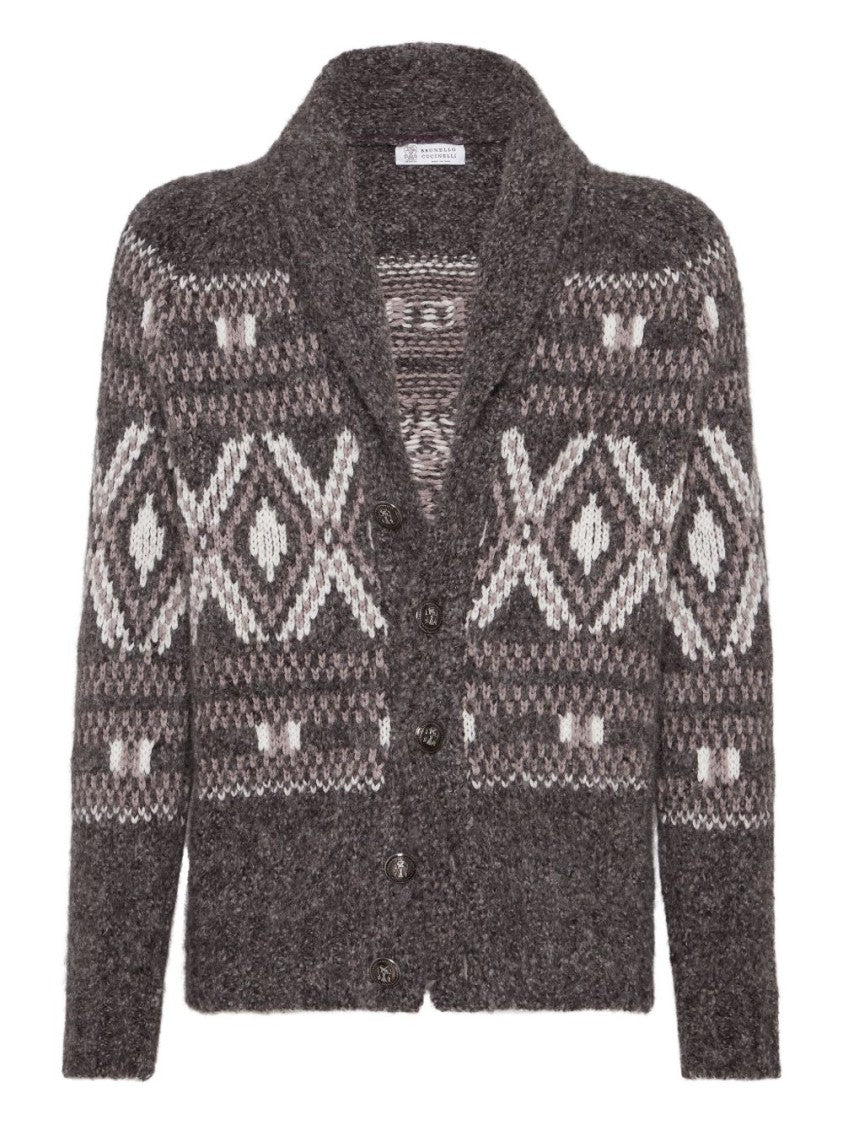 Brunello Cucinelli Shawl Collar Brown Sweater With Button Fastening And Textured Pattern
