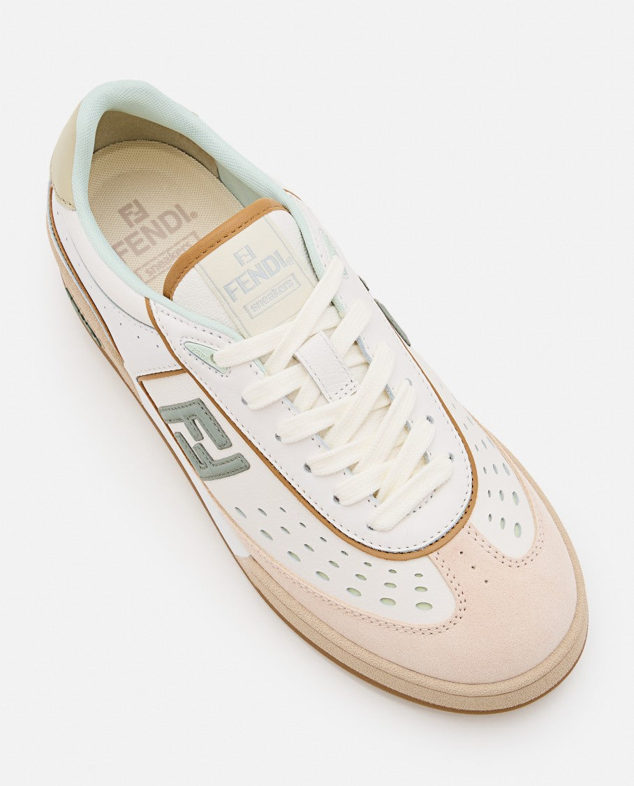 Fendi Mixed Leather And Denim Sneakers With Embossed Logo