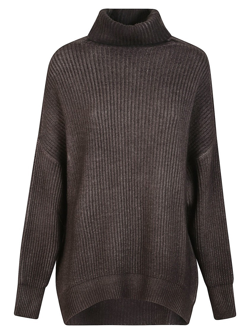Avant Toi Hand-Painted Carob English Rib Turtleneck With Asymmetrical Hem