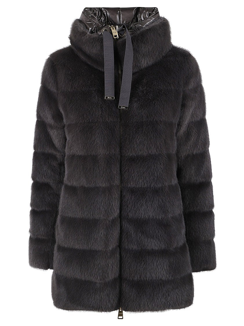 Herno A-Shape Faux Fur Jacket With High Collar And Side Pockets