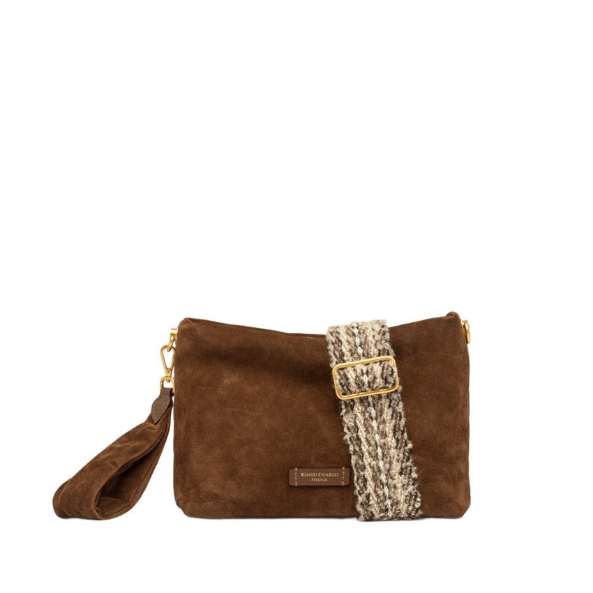 Gianni Chiarini Cognac Suede Handbag With Woven Shoulder Strap