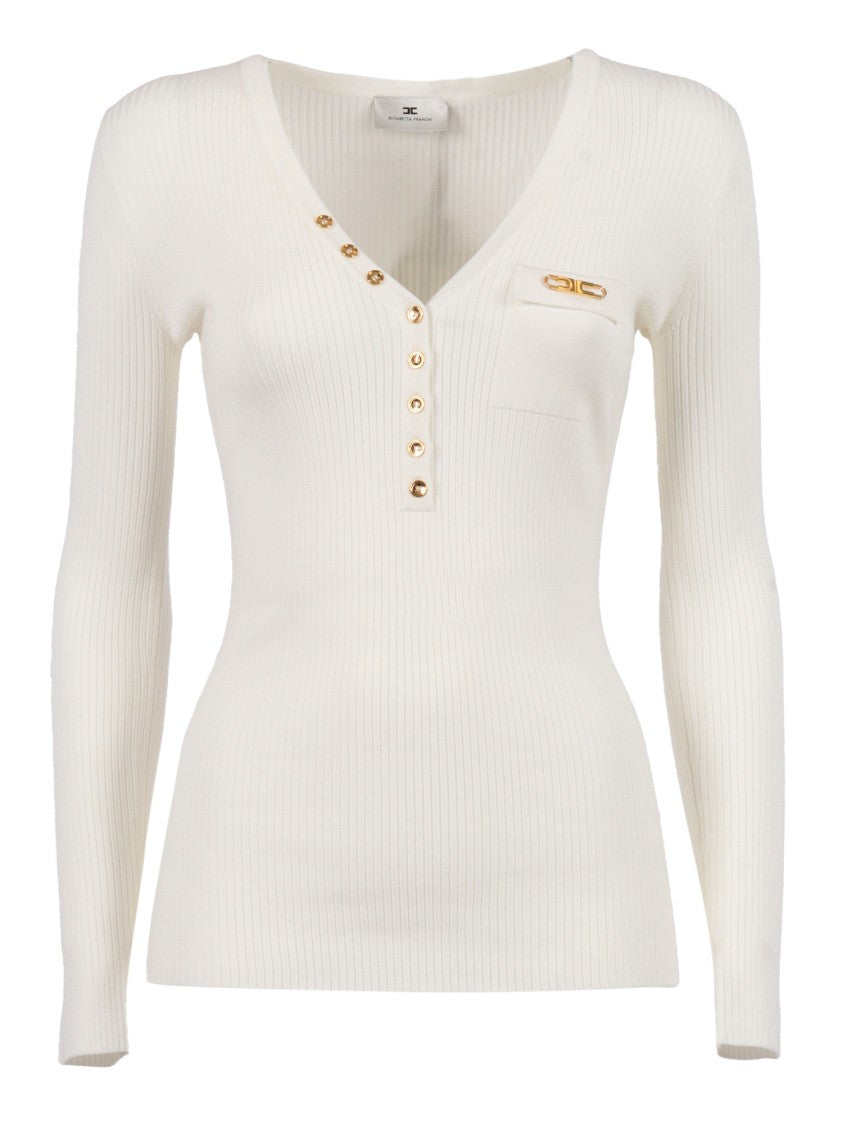 Elisabetta Franchi Fitted Long-Sleeve Top With Deep V-Neckline And Decorative Detail
