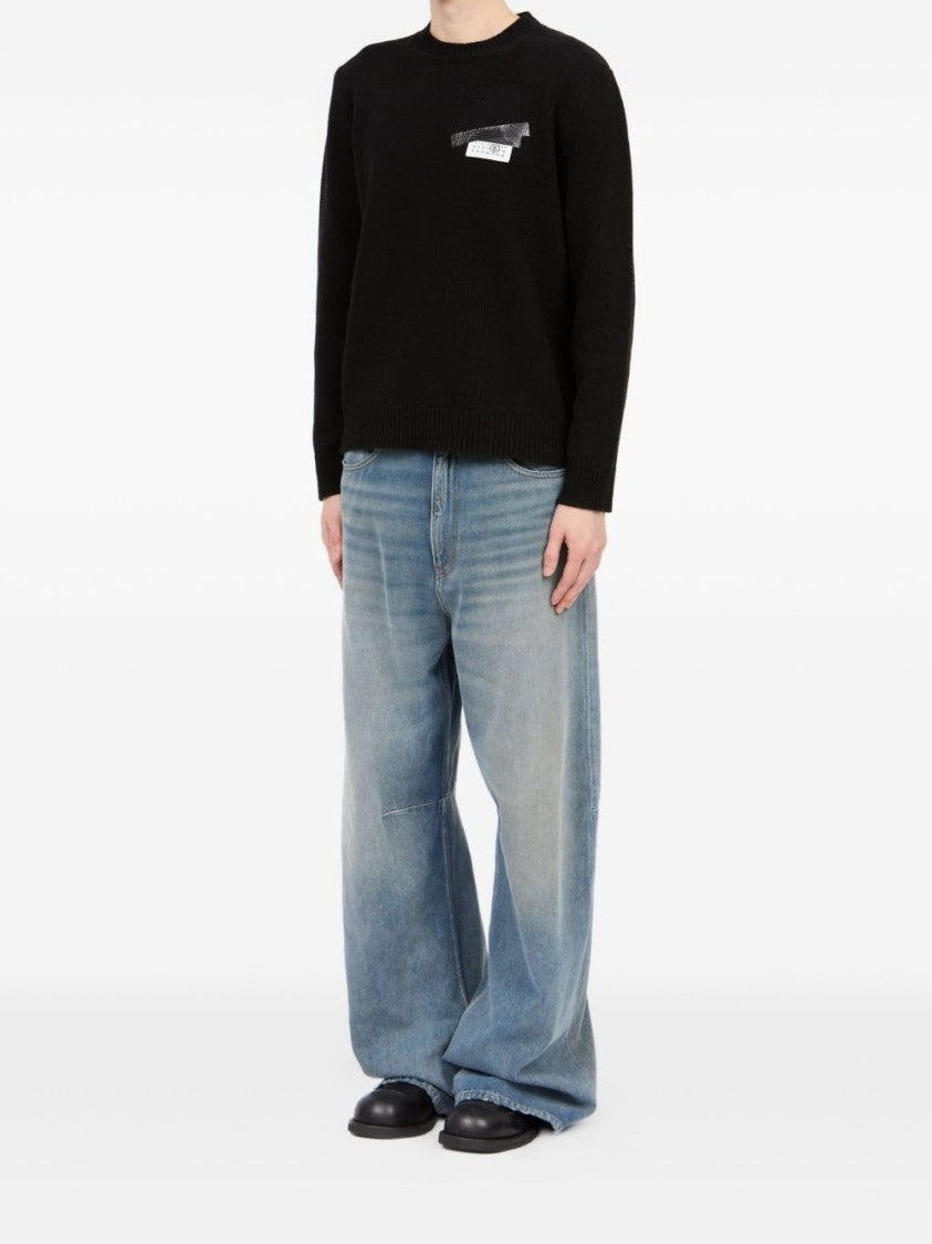 Mm6 By Maison Margiela Crew Neck Black Sweater With Ribbed Details