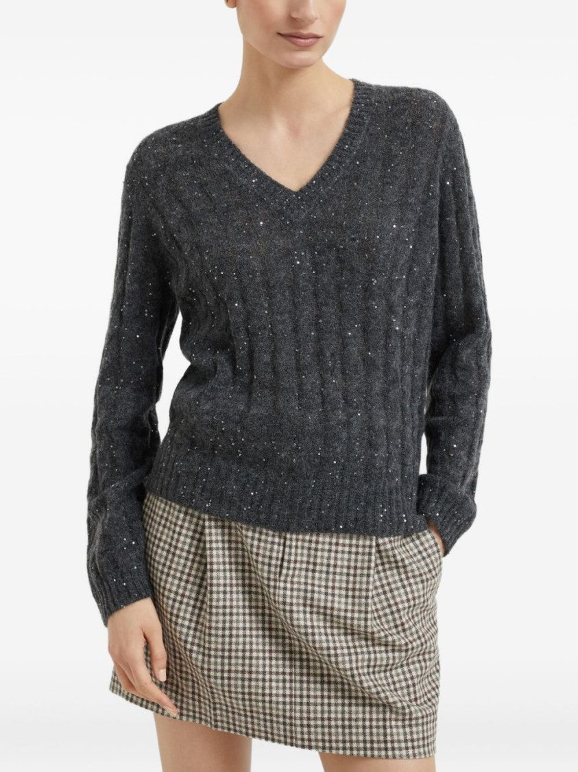 Brunello Cucinelli Anthracite Grey Cable Knit Wool Sweater