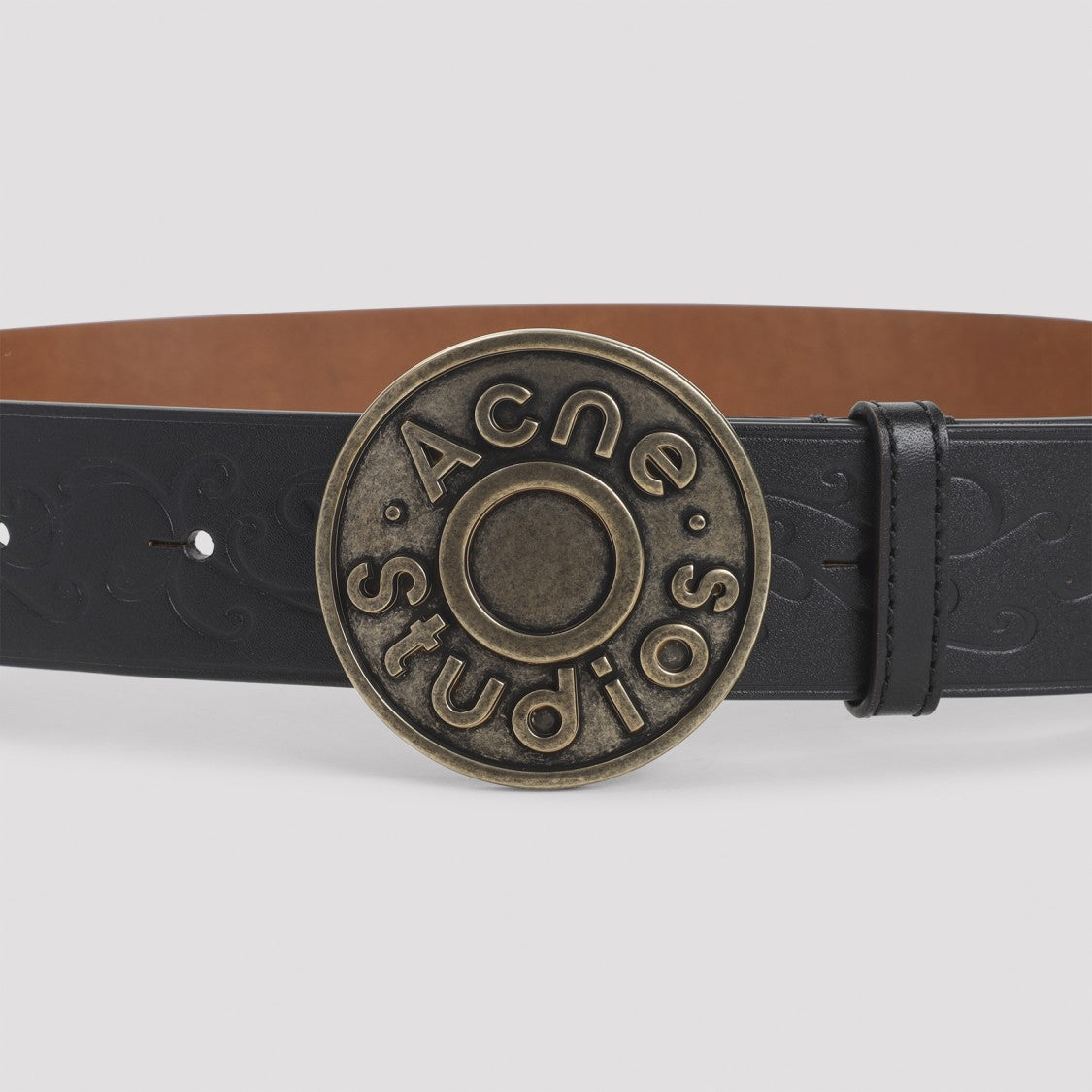 Acne Studios Embossed Black Calf Leather Belt With Aged Gold-Tone Buckle