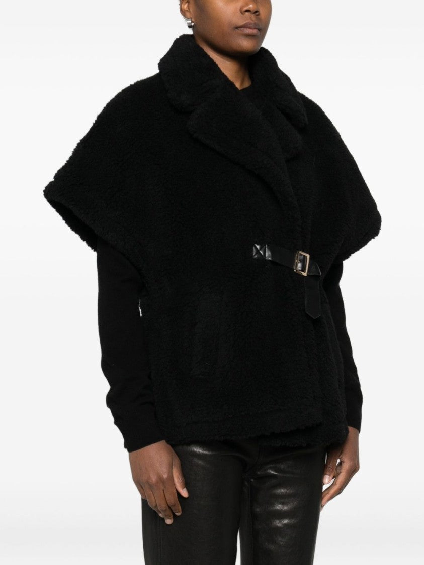 Blugirl Boxy Black Textured Jacket With Wide Collar And Leather Belt