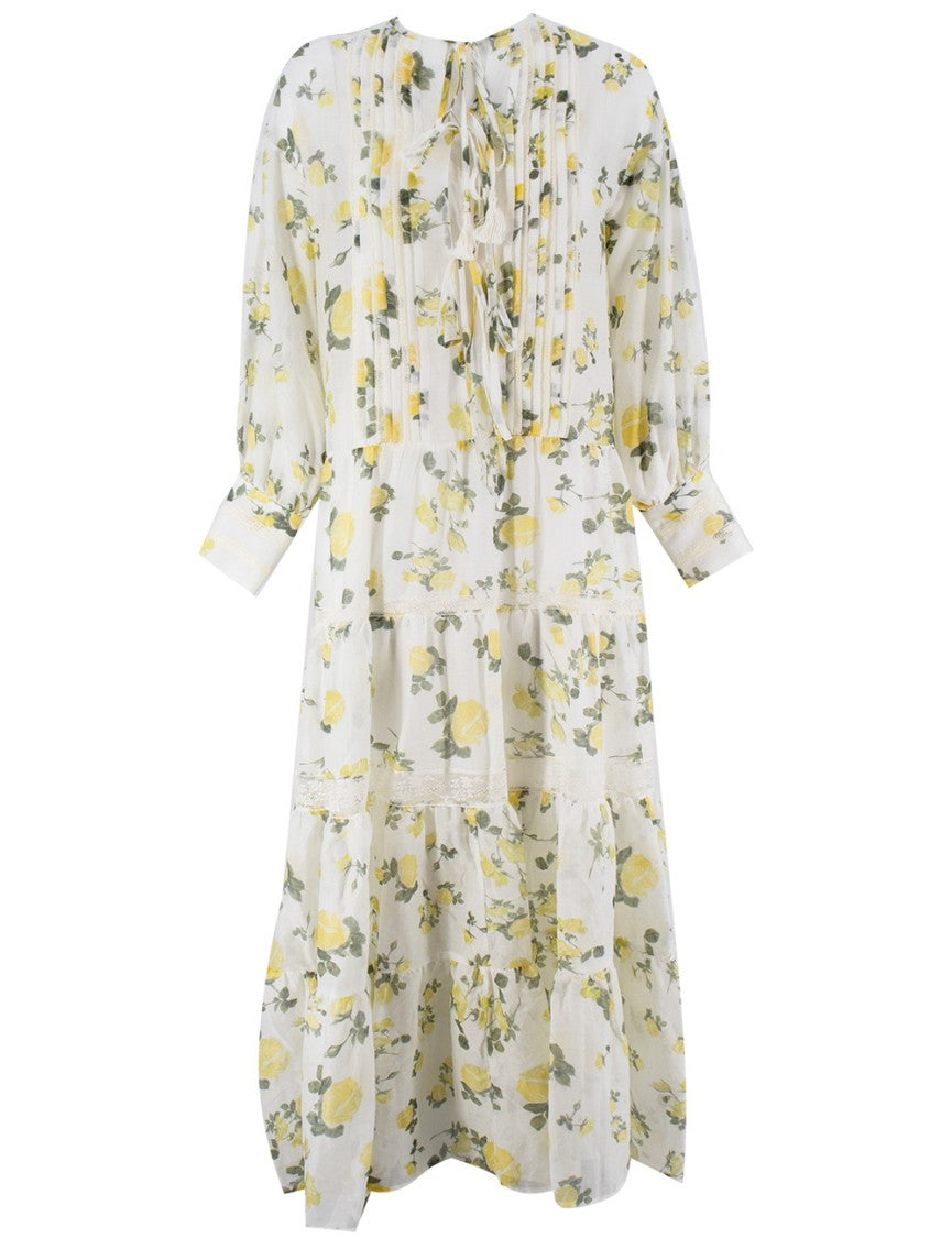 Ermanno Firenze Floral Print Long Dress With Lace Inserts