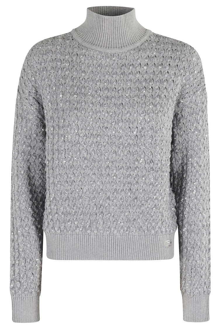 Elisabetta Franchi Cable Knit Tricot Sweater With Sequined Inserts And High Neck