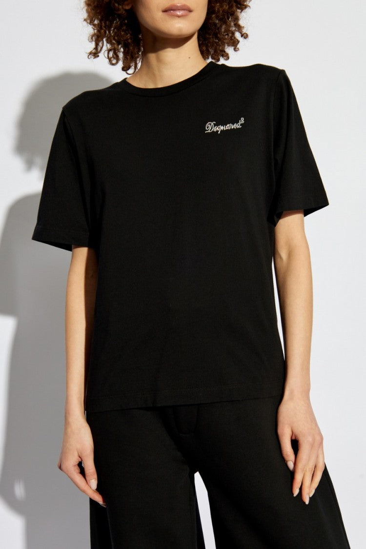 Dsquared2 Cotton T-Shirt With Rhinestone Logo Detail