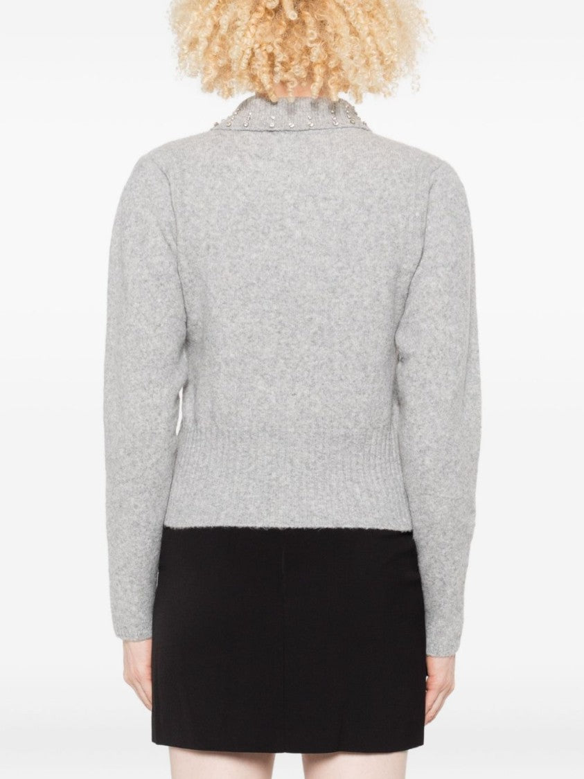 Twin-Set Light Grey Sweater With Crystal Embellished Collar And Ribbed Hem