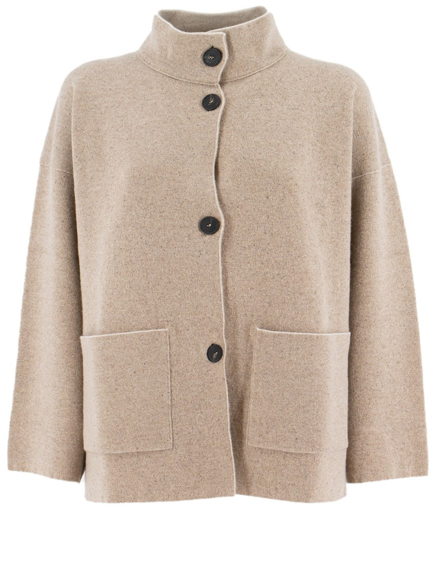 Le Tricot Perugia Boxy Taupe Beige Jacket With Three-Button Closure