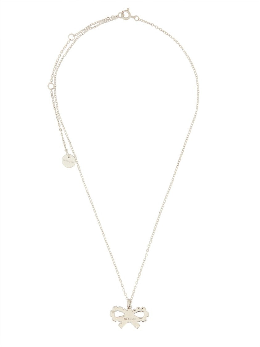 Self-Portrait Charming Bow Pendant Necklace In Polished Brass