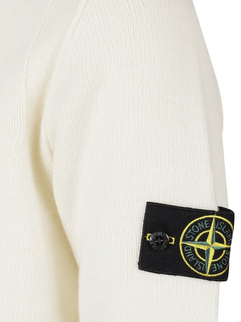Stone Island Textured Knit Ivory Sweater With Logo Patch