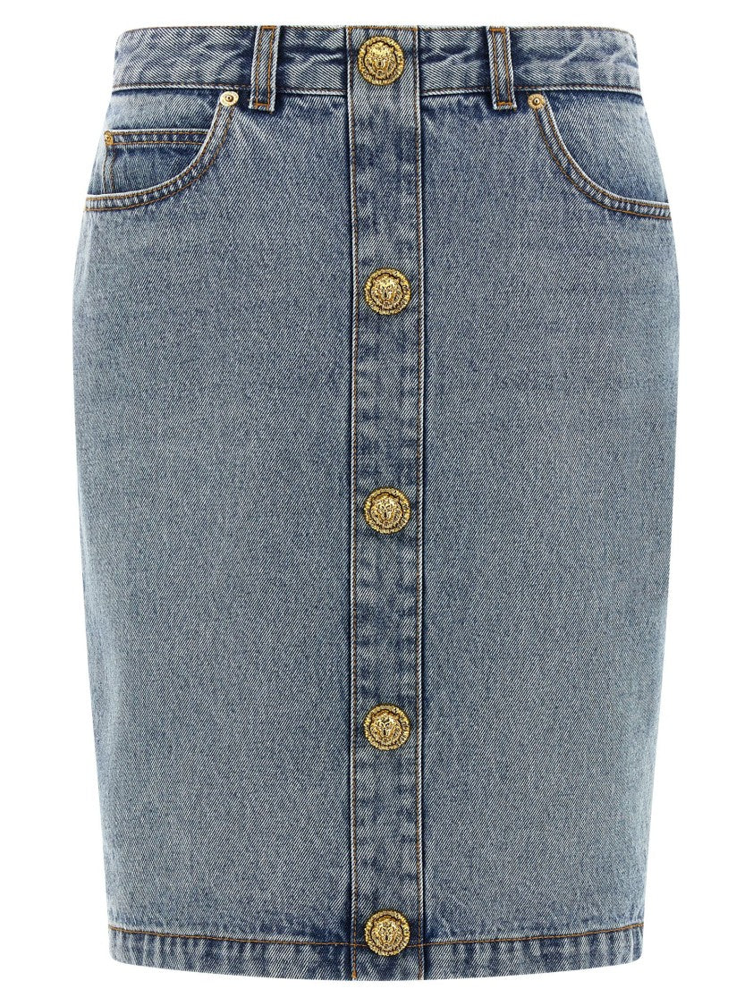 Balmain Pencil Midi Skirt With Contrasting Stitching And Lionhead Buttons