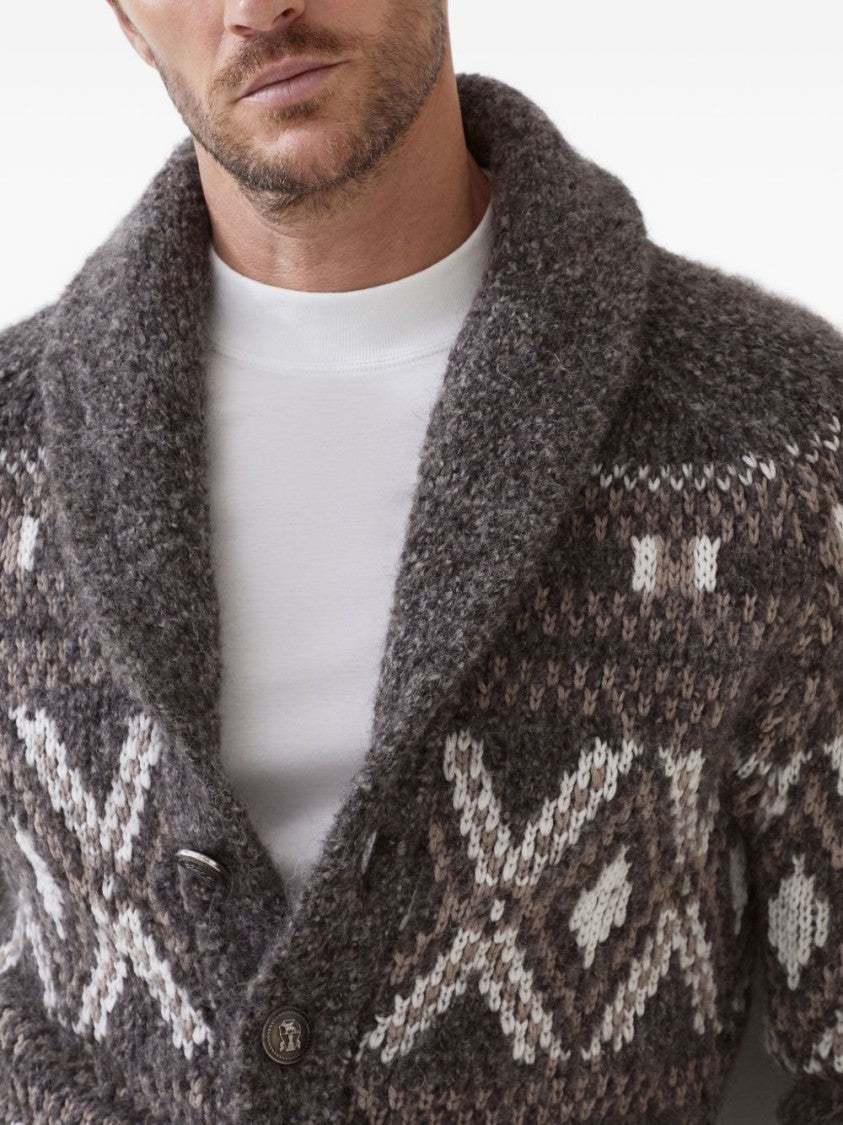 Brunello Cucinelli Shawl Collar Brown Sweater With Button Fastening And Textured Pattern