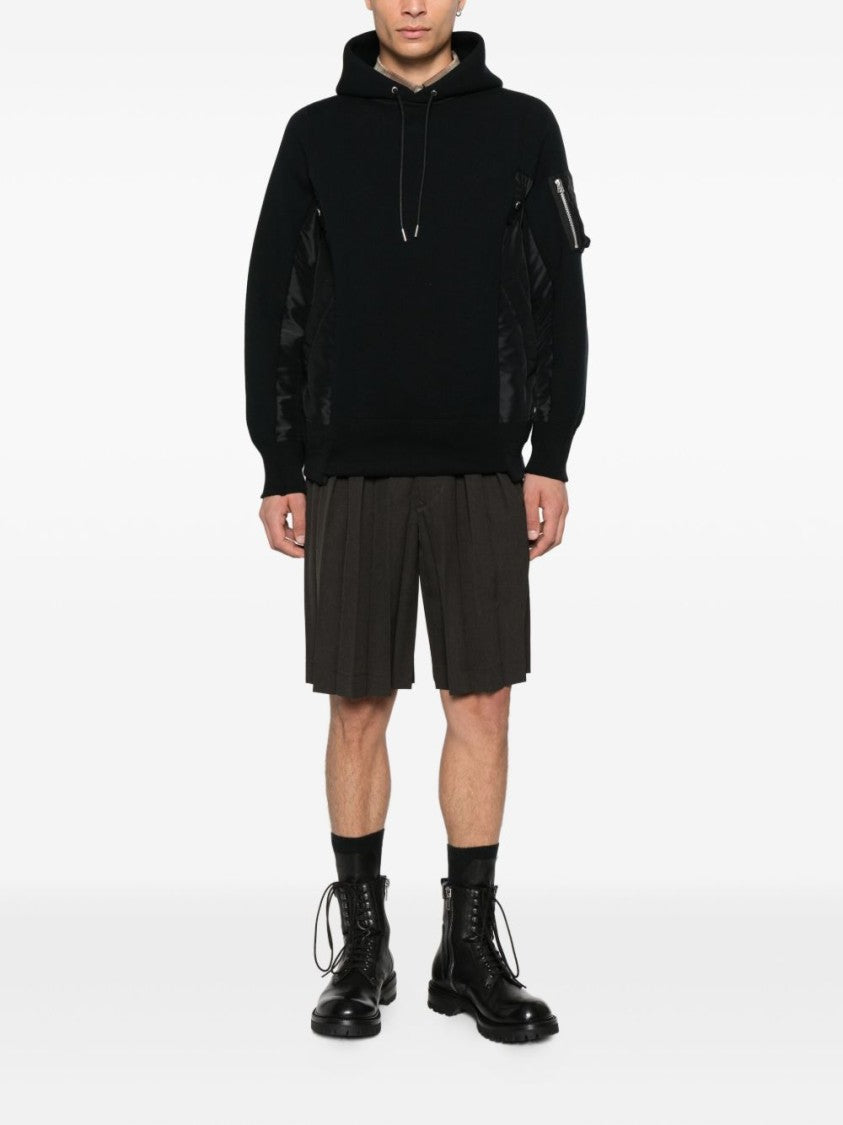 Sacai Black Hoodie With Shiny Fabric Panels And Zippered Pocket