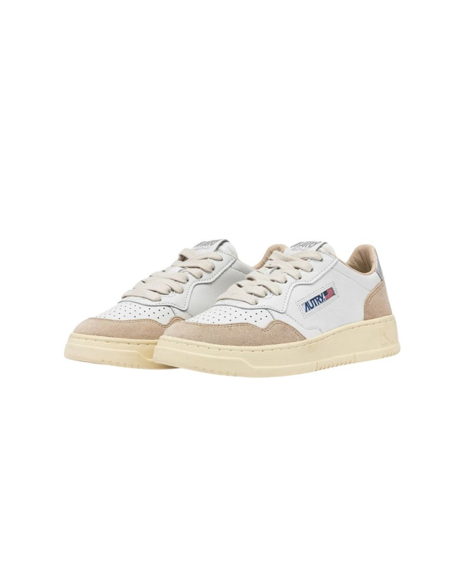 Autry Medalist Low Sneakers In White, Silver, And Beige Suede