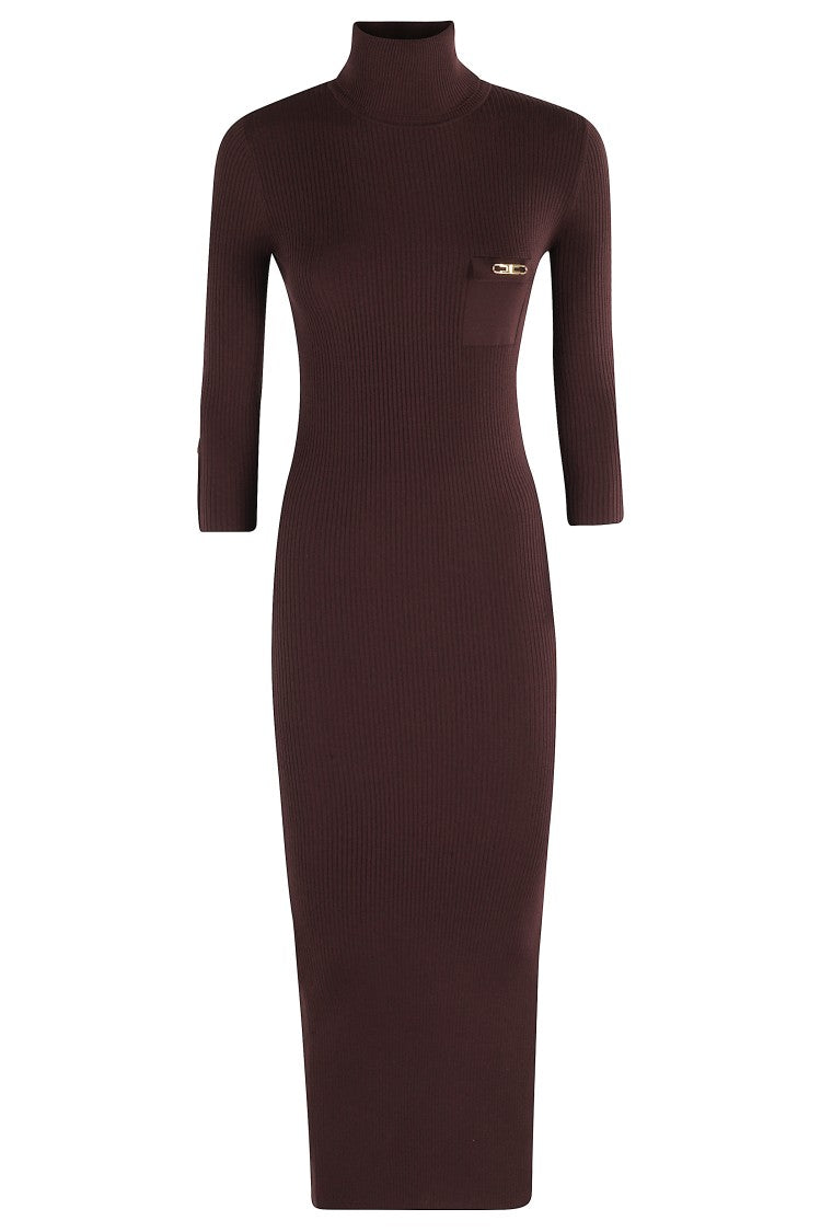 Elisabetta Franchi Midi Dress With High Neck And Side Slit Detail
