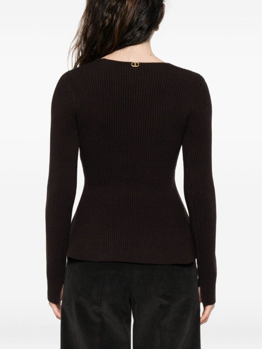 Twin-Set Fitted Ribbed Knit Sweater With Deep V-Neckline