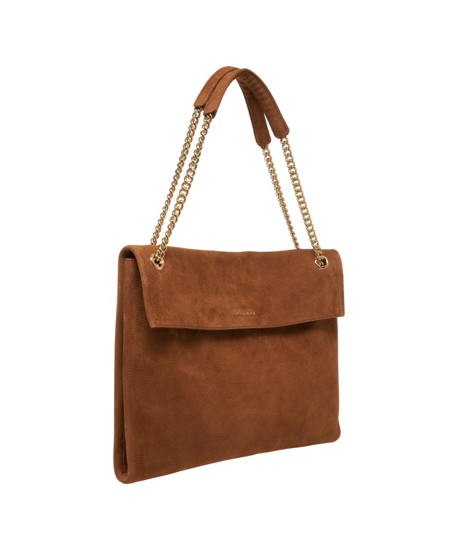 Orciani Suede Shoulder Bag With Gold-Tone Chain Strap And Logo Flap