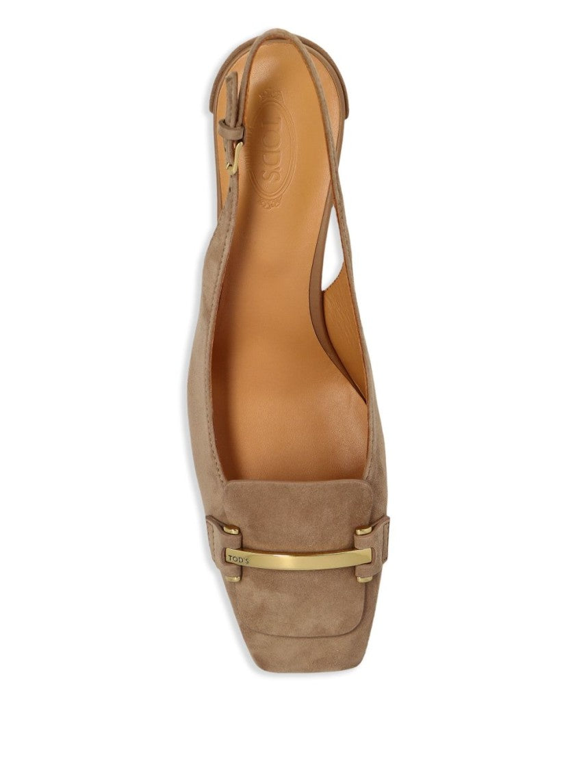 Tod's Pointed Toe Slingback Heels With Metallic Bow Accent