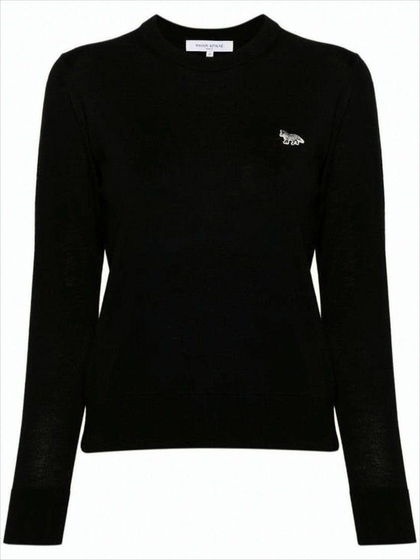 Maison Kitsuné Fitted Black Wool Sweater With Embroidered Fox Logo