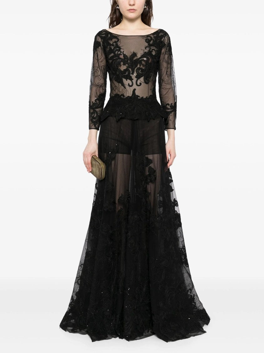 Saiid Kobeisy Jet Black Embroidered Long Dress With A-Line Silhouette
