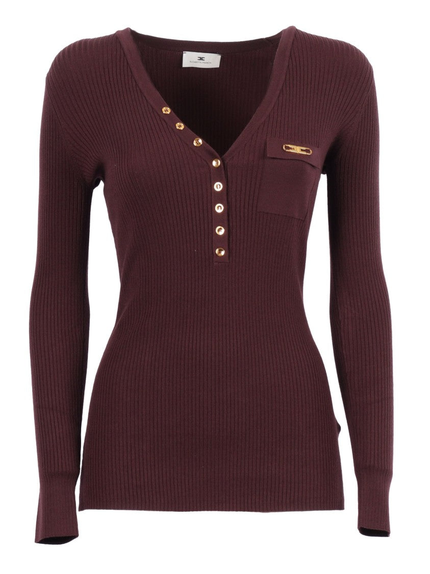 Elisabetta Franchi Fitted Ribbed Knit Top With Decorative Buttons And Gold Accent
