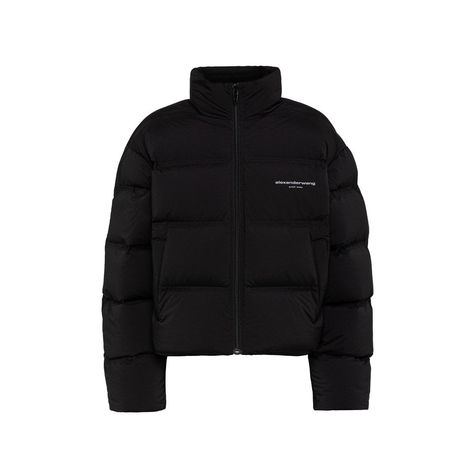 Alexander Wang Cropped Black Puffer Jacket With Jacquard Channel Design And Reflective Logo
