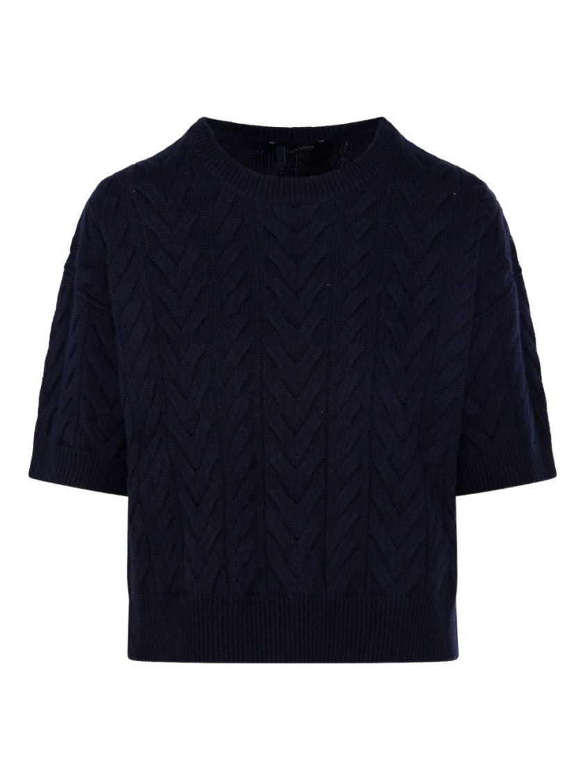 Max Mara Navy Cable Knit Sweater With Short Sleeves