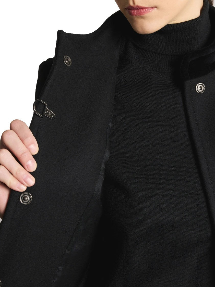 Fay Structured Black Coat With Velvet Accents And High Collar