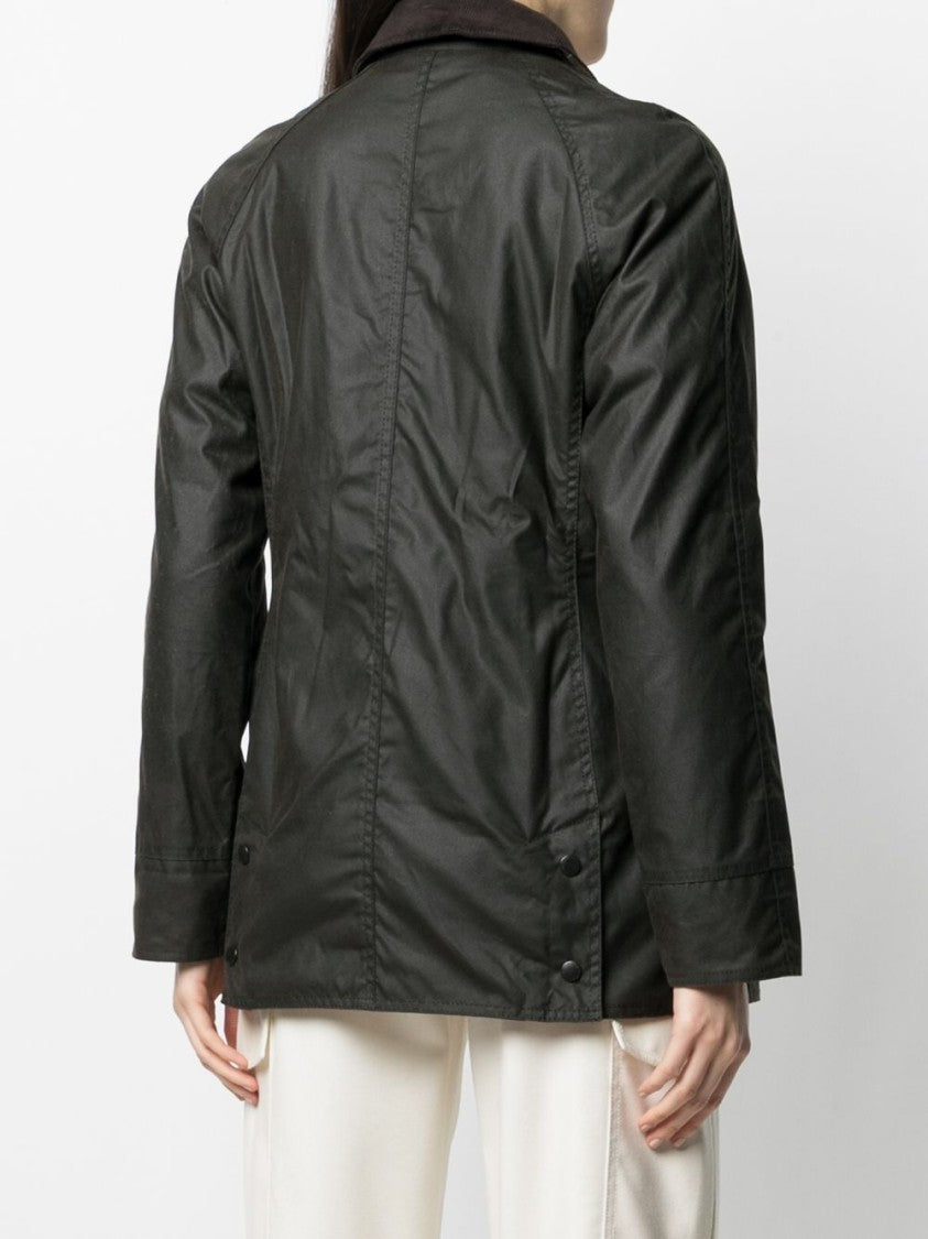 Barbour Tailored Green Coat With Corduroy Collar And Button-Up Design