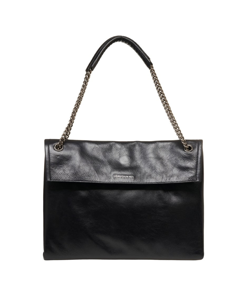 Orciani Polished Black Smooth Leather Shoulder Bag With Chain Straps