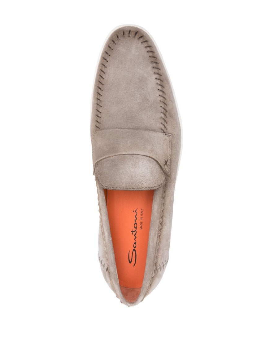 Santoni Brown Leather Loafers With Decorative Stitching