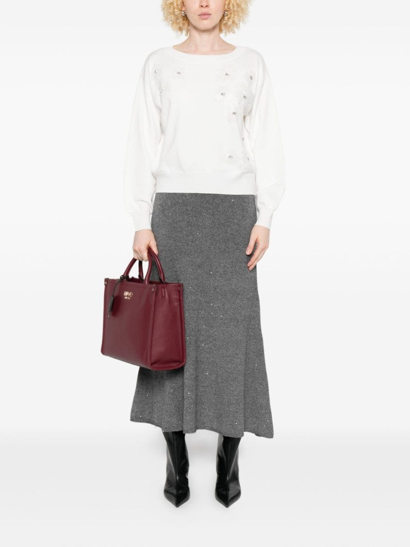 Liu Jo Relaxed Fit White Sweater With Floral Embellishments