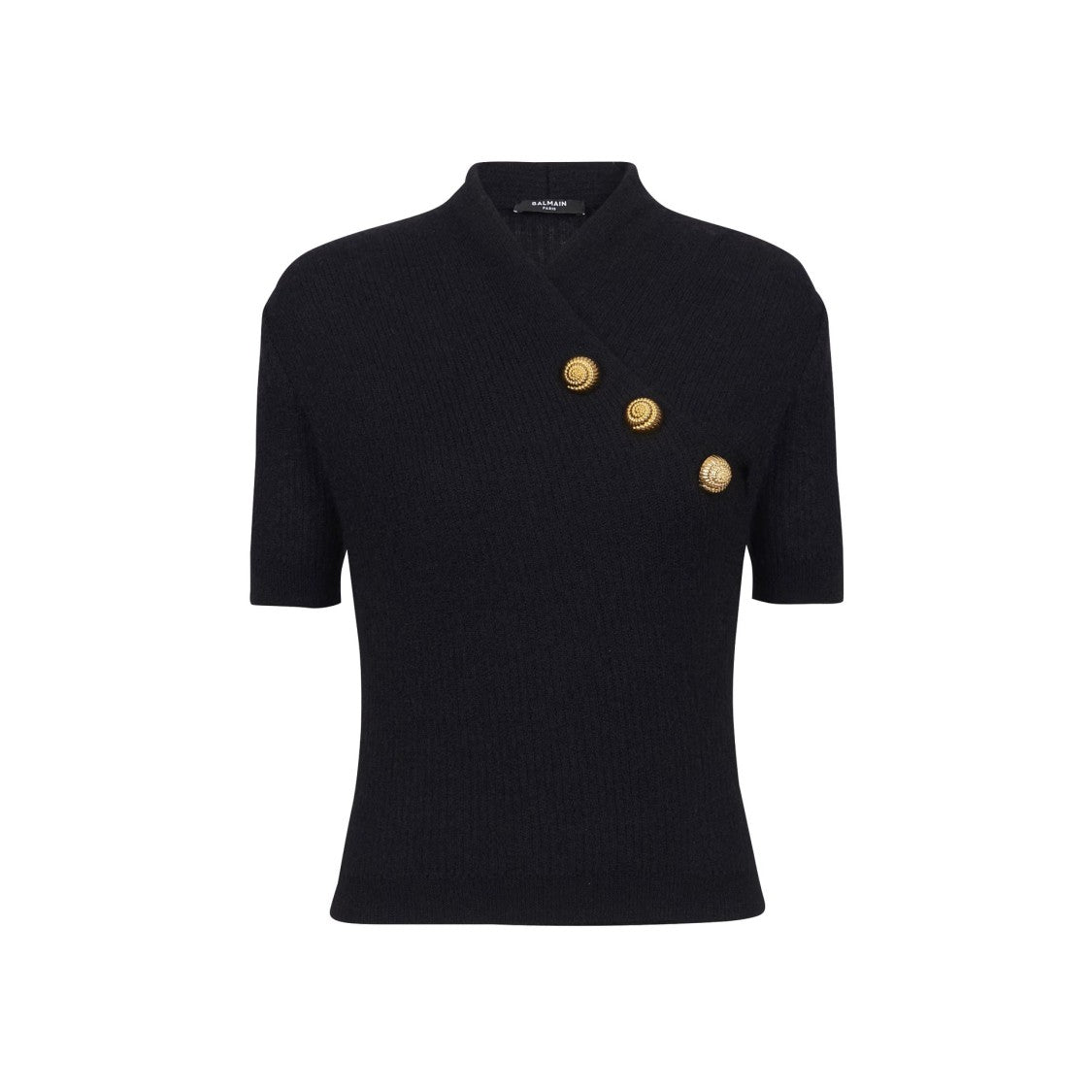 Balmain Wool Blend Top With V-Neckline And Gold Metal Accents