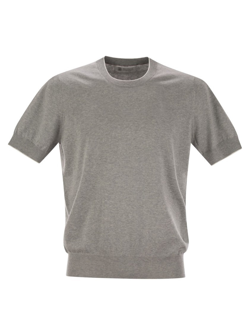 Brunello Cucinelli Short-Sleeved Cotton Jersey Jumper With Contrasting Trim