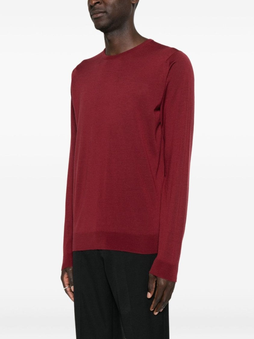 John Smedley Burgundy Merino Wool Crewneck Jumper With Ribbed Detailing