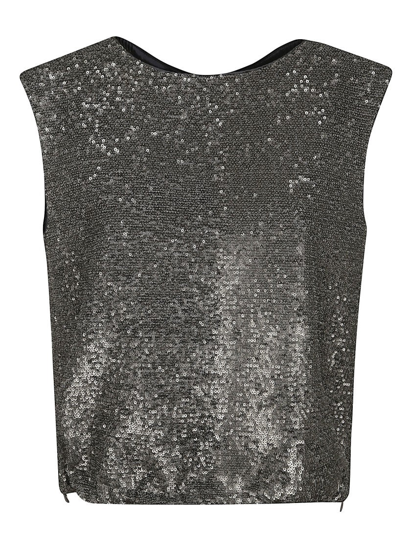 Herno Sleeveless Metallic Sequined Top With Zipper Detail