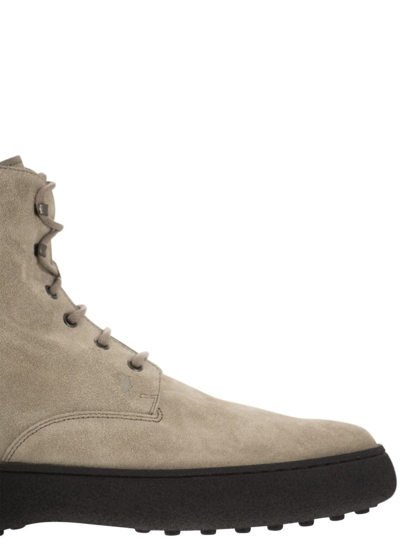 Tod's Ankle Suede Lace-Up Boot With Iconic Rubber Sole