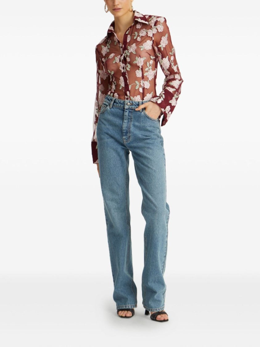 Rotate Sheer Floral Embroidery Shirt With Classic Collar