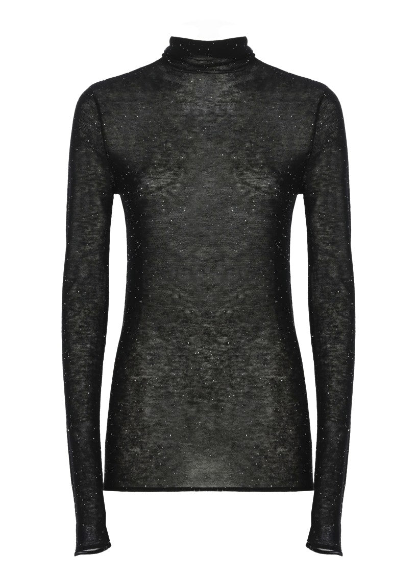 Pinko High Neck Black Wool Sweater With Micro Paillettes