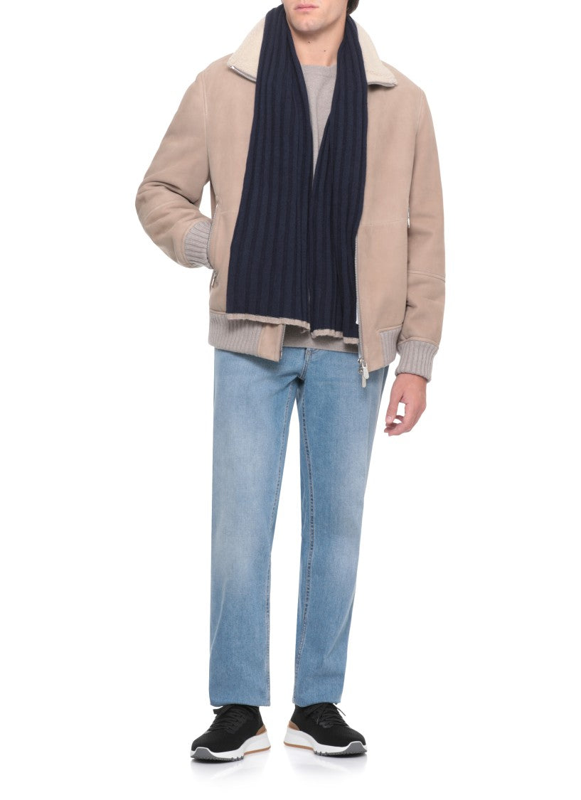 Brunello Cucinelli Deep Blue Ribbed Cashmere Scarf