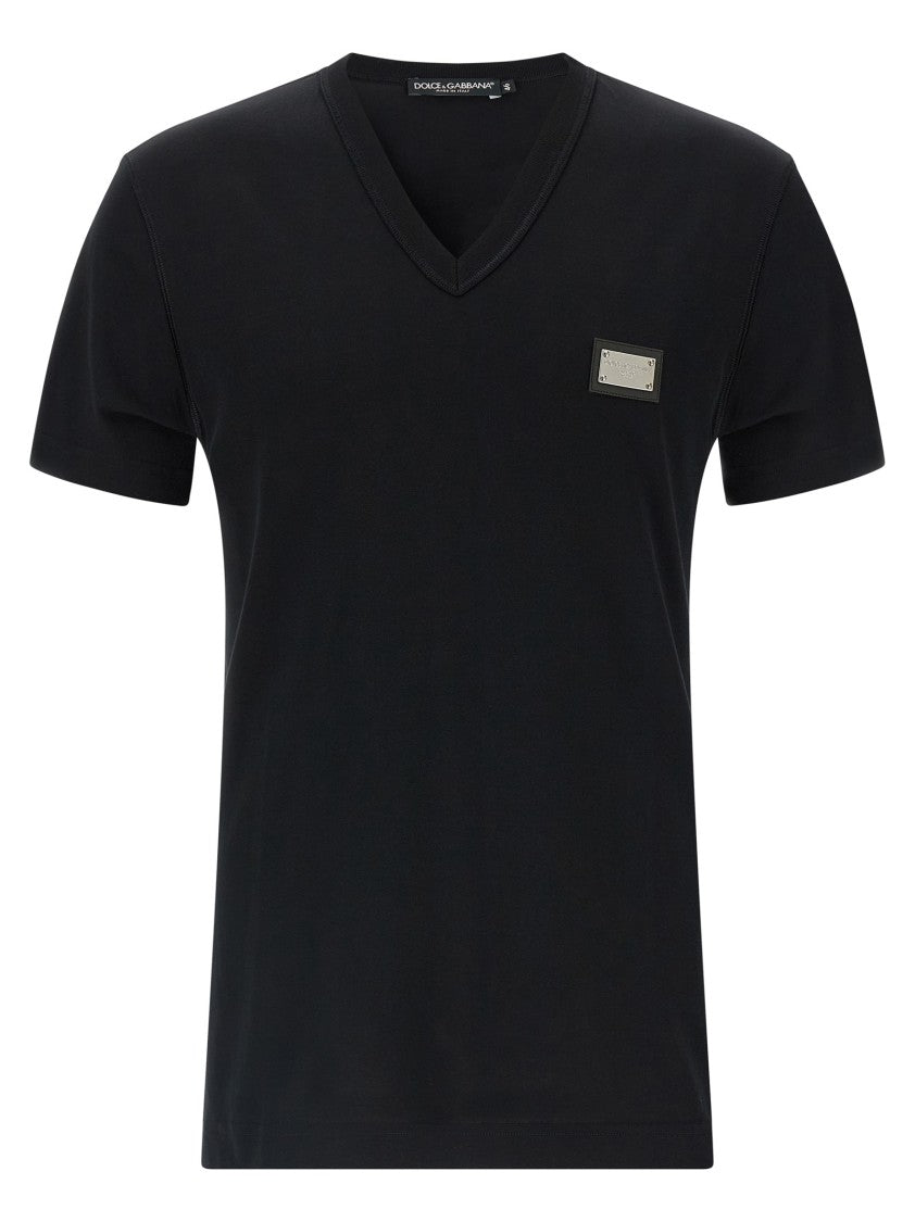 Dolce & Gabbana Black Cotton T-Shirt With Leather Patch