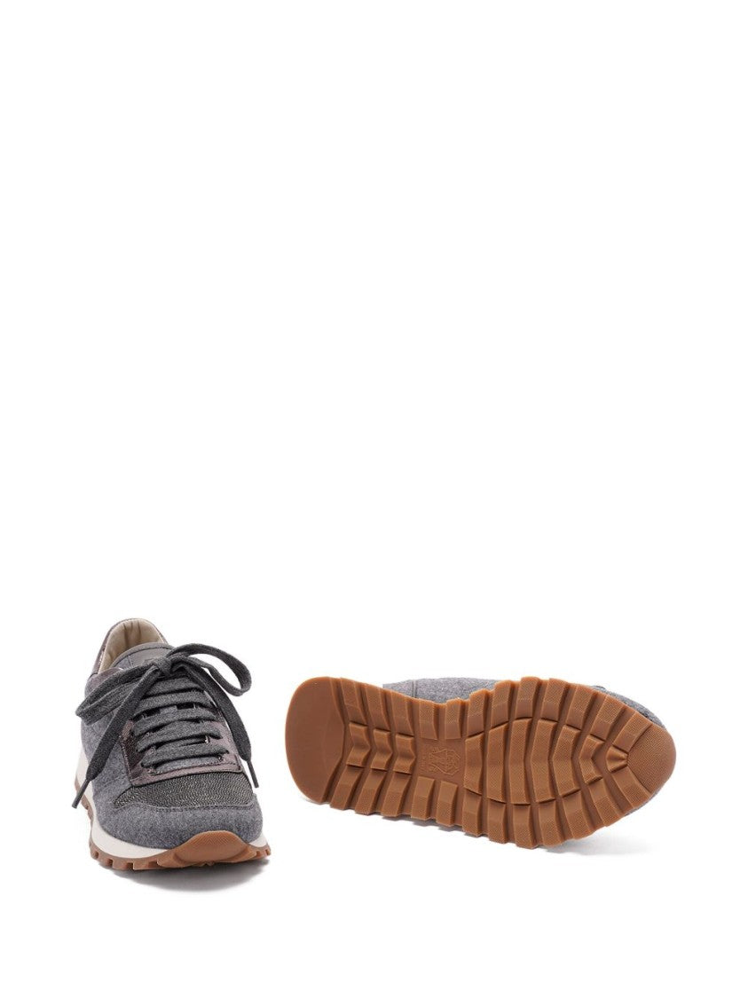 Brunello Cucinelli Gray Wool Sneaker With Monili Detail