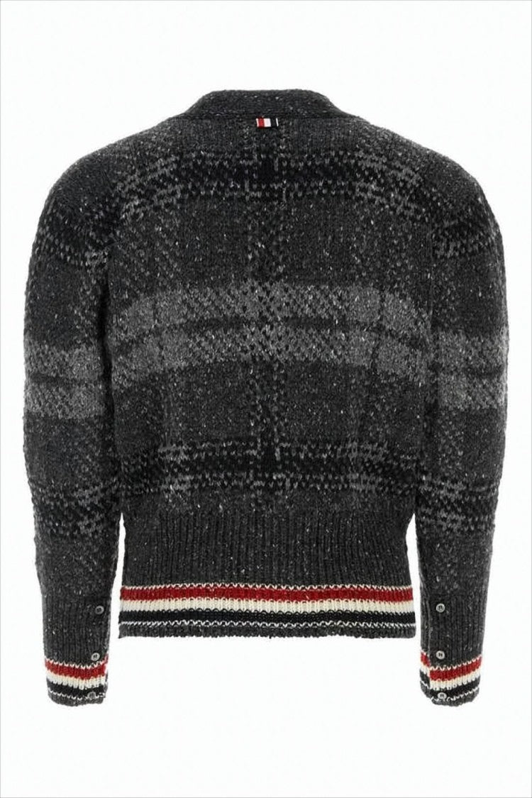 Thom Browne Textured Knit Cardigan With Dark Plaid And Striped Accents