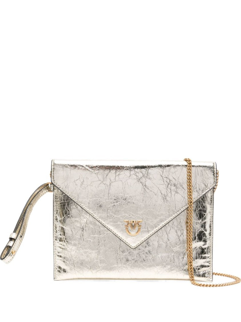 Pinko Gold-Tone Metallic Leather Flap Wallet With Chain Strap