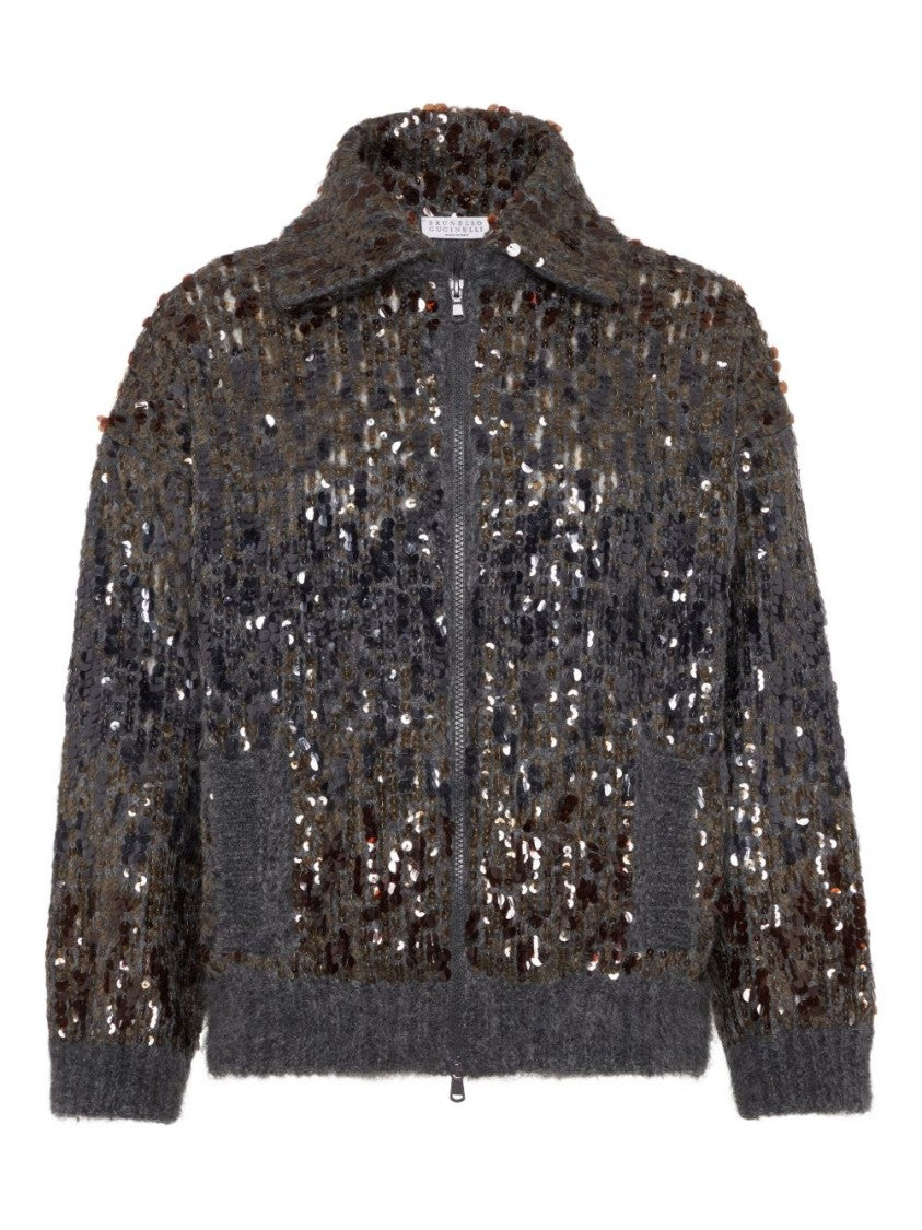 Brunello Cucinelli Textured Grey Sweater With Sequined Detailing