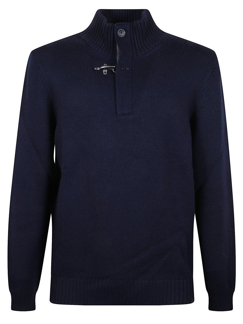 Fay Navy Wool Sweater With Iconic Polo Zip And Distinctive Hook